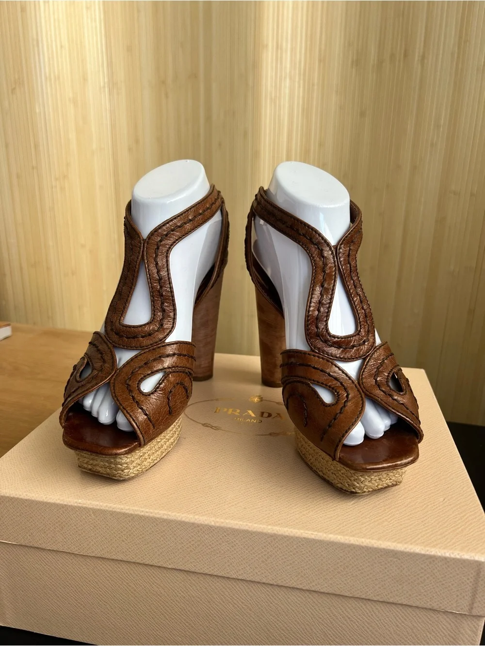 Prada Brown Leather Woven Platform Heel Sandals
